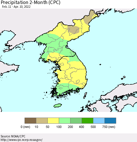 Korea Precipitation 2-Month (CPC) Thematic Map For 2/11/2022 - 4/10/2022
