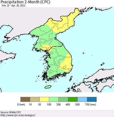 Korea Precipitation 2-Month (CPC) Thematic Map For 2/21/2022 - 4/20/2022