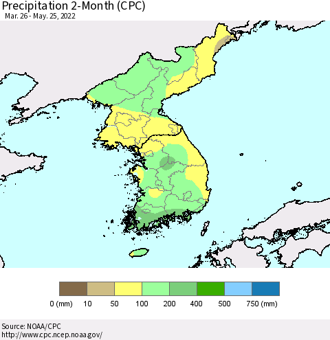 Korea Precipitation 2-Month (CPC) Thematic Map For 3/26/2022 - 5/25/2022