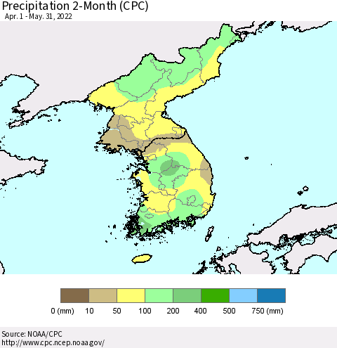 Korea Precipitation 2-Month (CPC) Thematic Map For 4/1/2022 - 5/31/2022