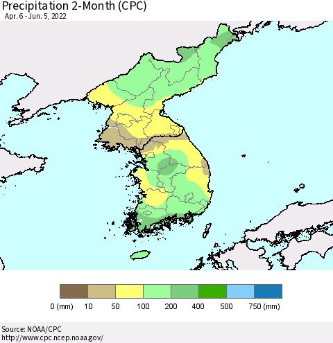 Korea Precipitation 2-Month (CPC) Thematic Map For 4/6/2022 - 6/5/2022