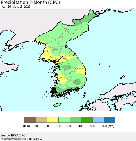 Korea Precipitation 2-Month (CPC) Thematic Map For 4/16/2022 - 6/15/2022