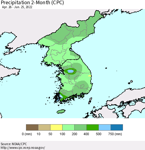Korea Precipitation 2-Month (CPC) Thematic Map For 4/26/2022 - 6/25/2022
