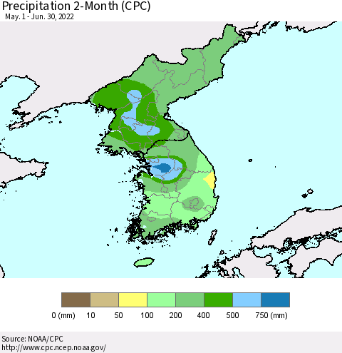 Korea Precipitation 2-Month (CPC) Thematic Map For 5/1/2022 - 6/30/2022