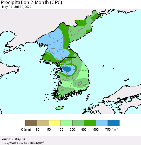 Korea Precipitation 2-Month (CPC) Thematic Map For 5/11/2022 - 7/10/2022