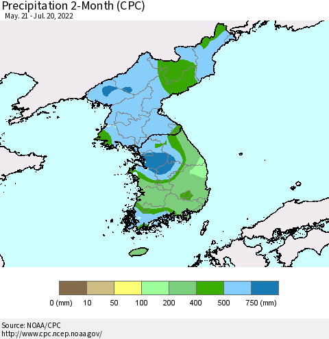 Korea Precipitation 2-Month (CPC) Thematic Map For 5/21/2022 - 7/20/2022