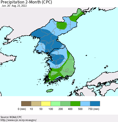 Korea Precipitation 2-Month (CPC) Thematic Map For 6/26/2022 - 8/25/2022