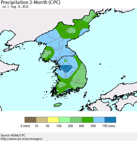 Korea Precipitation 2-Month (CPC) Thematic Map For 7/1/2022 - 8/31/2022