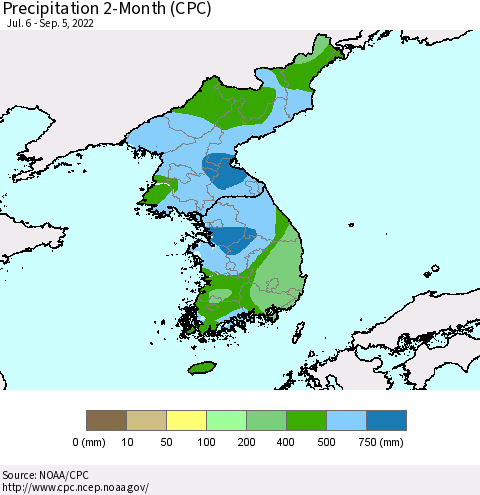 Korea Precipitation 2-Month (CPC) Thematic Map For 7/6/2022 - 9/5/2022