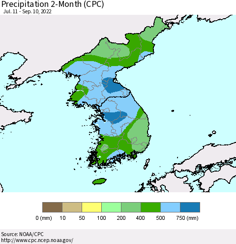 Korea Precipitation 2-Month (CPC) Thematic Map For 7/11/2022 - 9/10/2022