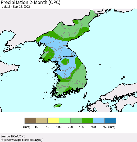 Korea Precipitation 2-Month (CPC) Thematic Map For 7/16/2022 - 9/15/2022