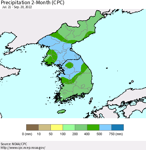 Korea Precipitation 2-Month (CPC) Thematic Map For 7/21/2022 - 9/20/2022