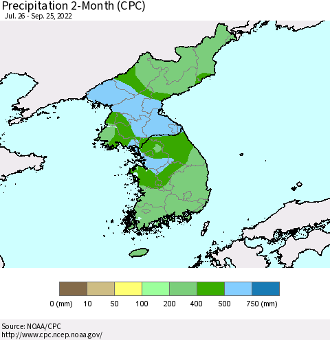 Korea Precipitation 2-Month (CPC) Thematic Map For 7/26/2022 - 9/25/2022