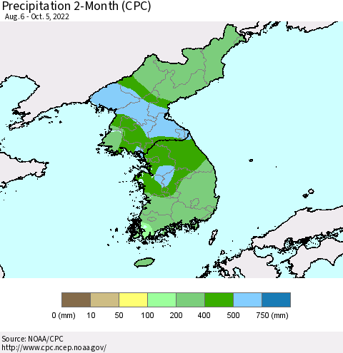 Korea Precipitation 2-Month (CPC) Thematic Map For 8/6/2022 - 10/5/2022