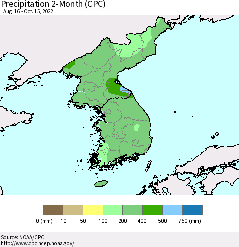 Korea Precipitation 2-Month (CPC) Thematic Map For 8/16/2022 - 10/15/2022