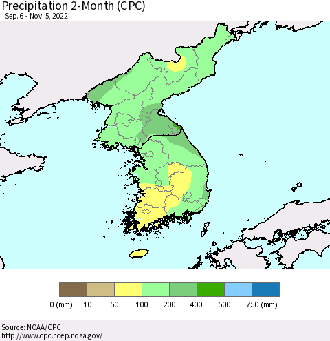 Korea Precipitation 2-Month (CPC) Thematic Map For 9/6/2022 - 11/5/2022