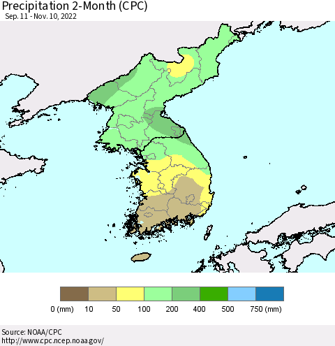Korea Precipitation 2-Month (CPC) Thematic Map For 9/11/2022 - 11/10/2022