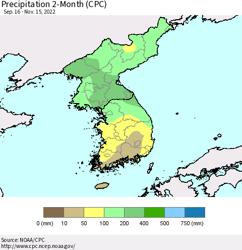 Korea Precipitation 2-Month (CPC) Thematic Map For 9/16/2022 - 11/15/2022