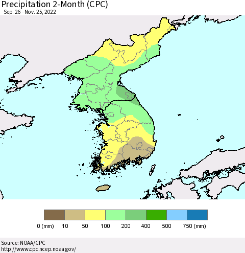 Korea Precipitation 2-Month (CPC) Thematic Map For 9/26/2022 - 11/25/2022