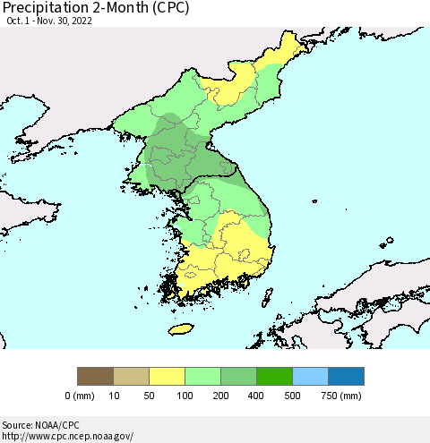 Korea Precipitation 2-Month (CPC) Thematic Map For 10/1/2022 - 11/30/2022