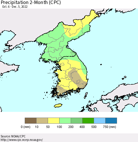 Korea Precipitation 2-Month (CPC) Thematic Map For 10/6/2022 - 12/5/2022