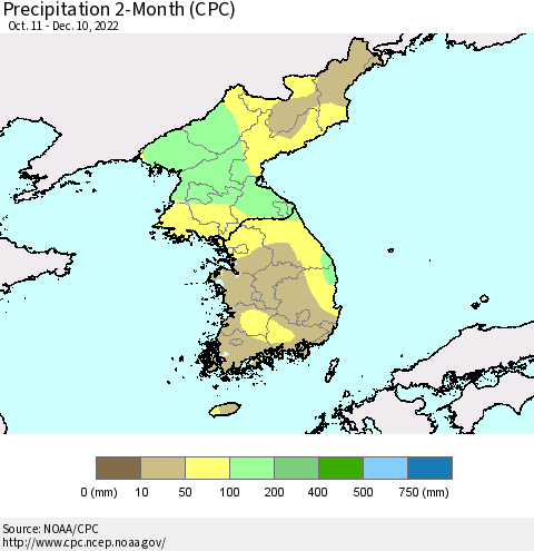 Korea Precipitation 2-Month (CPC) Thematic Map For 10/11/2022 - 12/10/2022