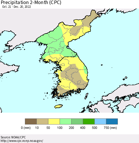 Korea Precipitation 2-Month (CPC) Thematic Map For 10/21/2022 - 12/20/2022