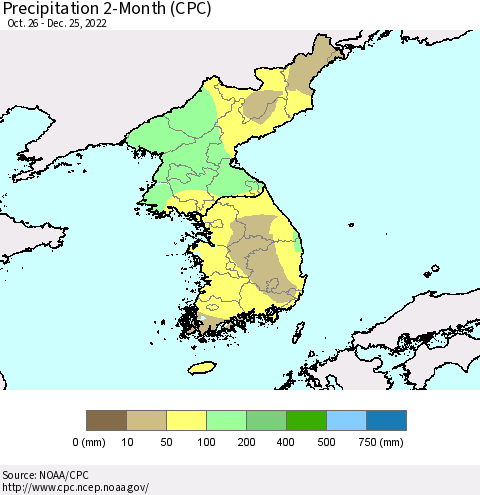 Korea Precipitation 2-Month (CPC) Thematic Map For 10/26/2022 - 12/25/2022
