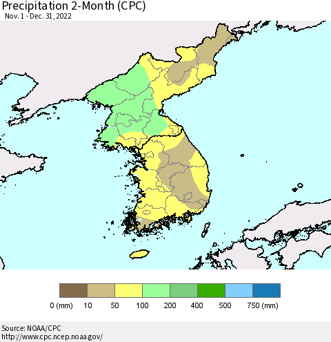 Korea Precipitation 2-Month (CPC) Thematic Map For 11/1/2022 - 12/31/2022