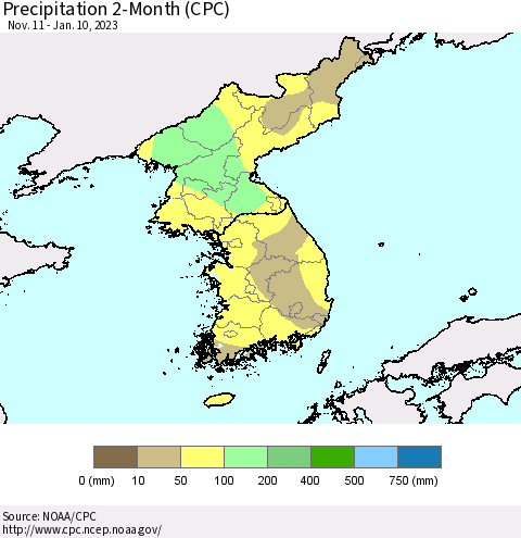 Korea Precipitation 2-Month (CPC) Thematic Map For 11/11/2022 - 1/10/2023