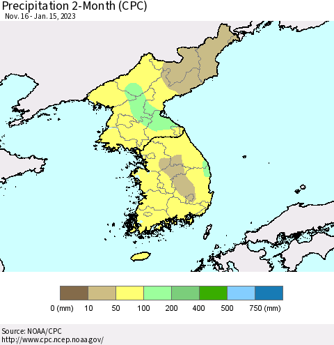 Korea Precipitation 2-Month (CPC) Thematic Map For 11/16/2022 - 1/15/2023