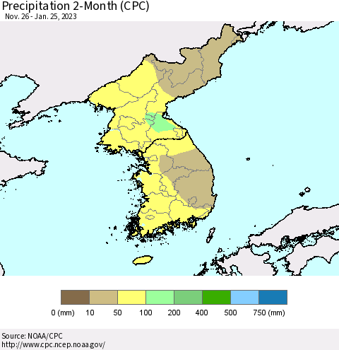 Korea Precipitation 2-Month (CPC) Thematic Map For 11/26/2022 - 1/25/2023