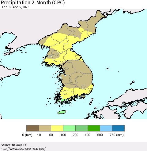Korea Precipitation 2-Month (CPC) Thematic Map For 2/6/2023 - 4/5/2023