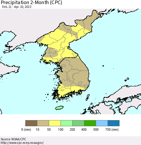 Korea Precipitation 2-Month (CPC) Thematic Map For 2/11/2023 - 4/10/2023
