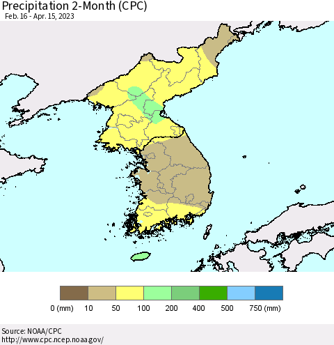 Korea Precipitation 2-Month (CPC) Thematic Map For 2/16/2023 - 4/15/2023