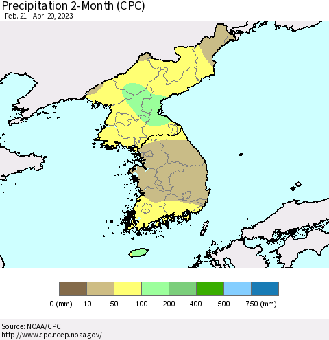 Korea Precipitation 2-Month (CPC) Thematic Map For 2/21/2023 - 4/20/2023