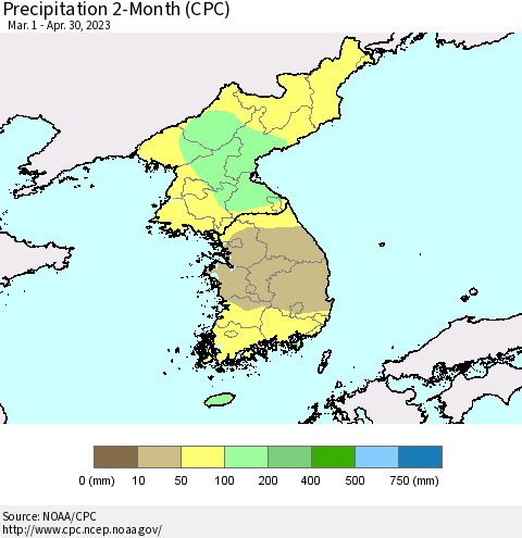 Korea Precipitation 2-Month (CPC) Thematic Map For 3/1/2023 - 4/30/2023