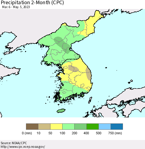 Korea Precipitation 2-Month (CPC) Thematic Map For 3/6/2023 - 5/5/2023