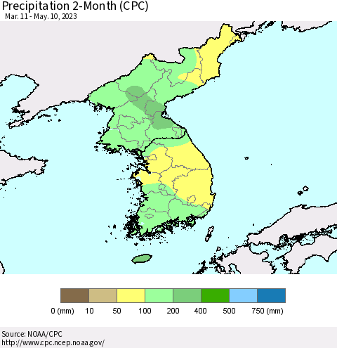 Korea Precipitation 2-Month (CPC) Thematic Map For 3/11/2023 - 5/10/2023