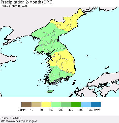 Korea Precipitation 2-Month (CPC) Thematic Map For 3/16/2023 - 5/15/2023