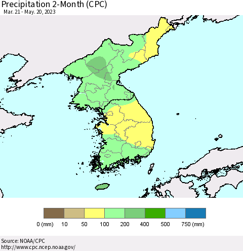 Korea Precipitation 2-Month (CPC) Thematic Map For 3/21/2023 - 5/20/2023