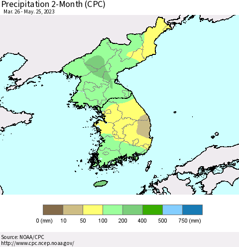 Korea Precipitation 2-Month (CPC) Thematic Map For 3/26/2023 - 5/25/2023