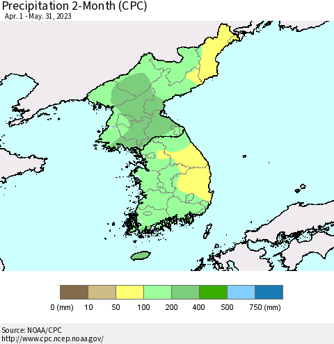 Korea Precipitation 2-Month (CPC) Thematic Map For 4/1/2023 - 5/31/2023