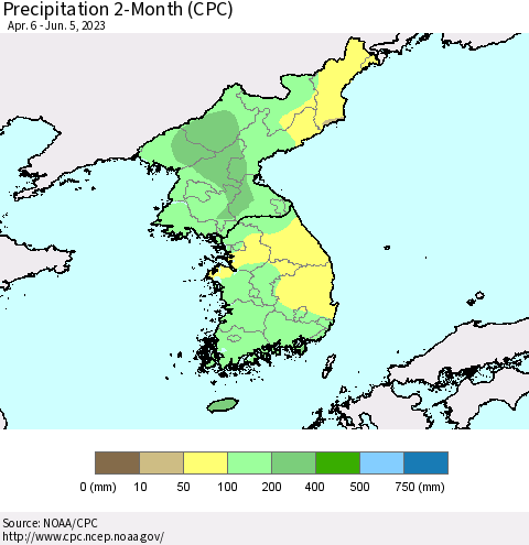 Korea Precipitation 2-Month (CPC) Thematic Map For 4/6/2023 - 6/5/2023