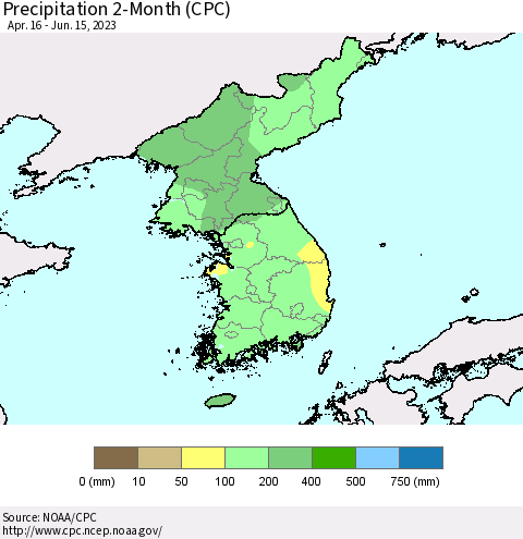 Korea Precipitation 2-Month (CPC) Thematic Map For 4/16/2023 - 6/15/2023