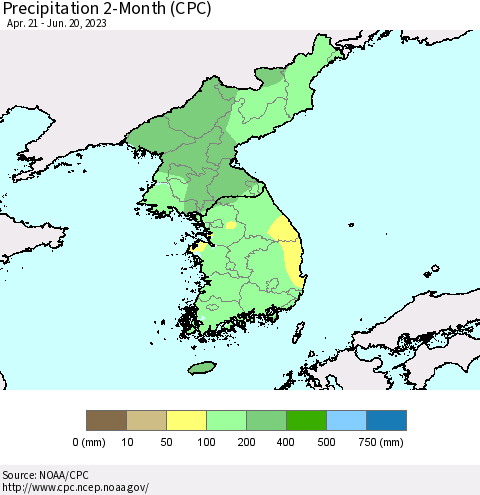 Korea Precipitation 2-Month (CPC) Thematic Map For 4/21/2023 - 6/20/2023