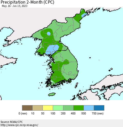 Korea Precipitation 2-Month (CPC) Thematic Map For 5/16/2023 - 7/15/2023
