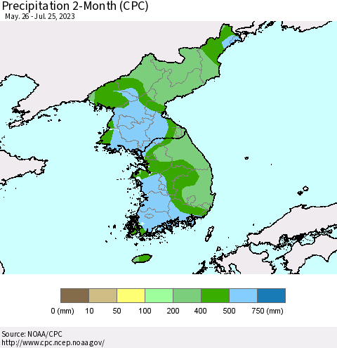 Korea Precipitation 2-Month (CPC) Thematic Map For 5/26/2023 - 7/25/2023
