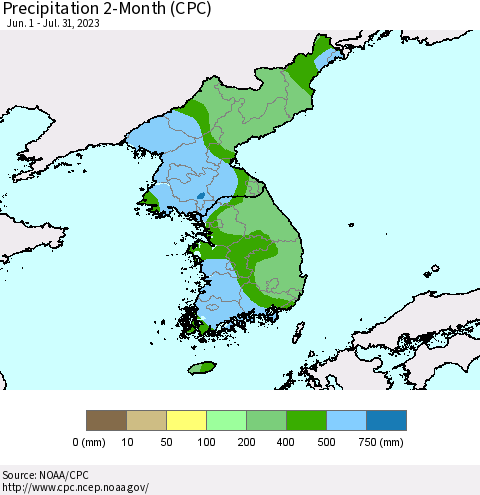Korea Precipitation 2-Month (CPC) Thematic Map For 6/1/2023 - 7/31/2023