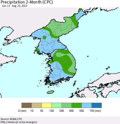 Korea Precipitation 2-Month (CPC) Thematic Map For 6/11/2023 - 8/10/2023